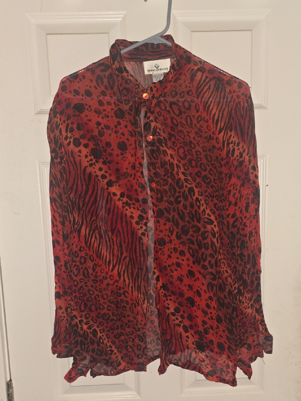 erin london Red and Black Animal-Print Sheer Button Blouse